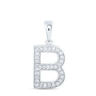 10K White Gold Real Diamond Women's Block Font Initial B Letter Pendant 1/8 CT