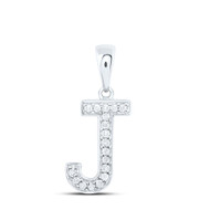 10K White Gold Real Diamond Women's Block Font Initial J Letter Pendant 1/12 CT