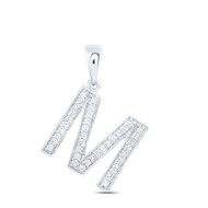 10K White Gold Real Diamond Women's Block Font Initial M Letter Pendant 1/6 CT