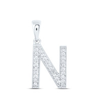 10K White Gold Real Diamond Women's Block Font Initial N Letter Pendant 1/8 CT