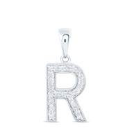 10K White Gold Real Diamond Women's Block Font Initial R Letter Pendant 1/10 CT