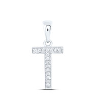 10K White Gold Real Diamond Women's Block Font Initial T Letter Pendant 1/20 CT