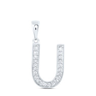 10K White Gold Real Diamond Women's Block Font Initial U Letter Pendant 1/10 CT