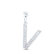 10K White Gold Real Diamond Women's Block Font Initial V Letter Pendant 1/12 CT