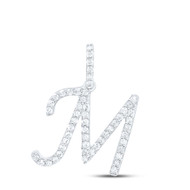 10K White Gold Diamond Women Fancy Script Font Initial M Letter Pendant 1/5 CT