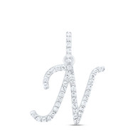 10K White Gold Diamond Women Fancy Script Font Initial N Letter Pendant 1/5 CT