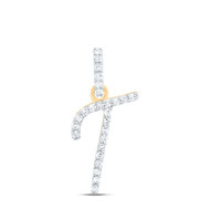 10K Yellow Gold Diamond Women Fancy Script Font Initial T Letter Pendant 1/10 CT