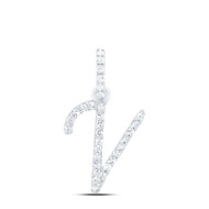 10K White Gold Diamond Women Fancy Script Font Initial V Letter Pendant 1/8 CT