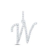 10K White Gold Diamond Women Fancy Script Font Initial W Letter Pendant 1/5 CT