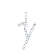 10K White Gold Diamond Women Fancy Script Font Initial Y Letter Pendant 1/10 CT