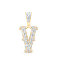 10K Yellow Gold Real Diamond Block Font Pointed Letter Initial V Pendant 1/2 CT