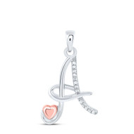 925 Sterling Silver Diamond Cursive Font w/ Pink Heart Initial A Pendant 1/20 CT