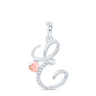 925 Sterling Silver Diamond Cursive Font w/ Pink Heart Initial E Pendant 1/20 CT
