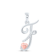925 Sterling Silver Diamond Cursive Font w/ Pink Heart Initial F Pendant 1/20 CT
