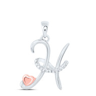 925 Sterling Silver Diamond Cursive Font w/ Pink Heart Initial H Pendant 1/20 CT