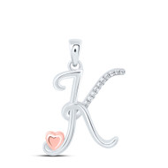 925 Sterling Silver Diamond Cursive Font w/ Pink Heart Initial K Pendant 1/20 CT