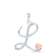 925 Sterling Silver Diamond Cursive Font w/ Pink Heart Initial L Pendant 1/10 CT