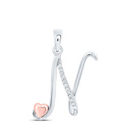 925 Sterling Silver Diamond Cursive Font w/ Pink Heart Initial N Pendant 1/20 CT