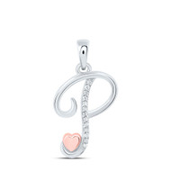 925 Sterling Silver Diamond Cursive Font w/ Pink Heart Initial P Pendant 1/20 CT