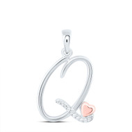 925 Sterling Silver Diamond Cursive Font w/ Pink Heart Initial Q Pendant 1/20 CT