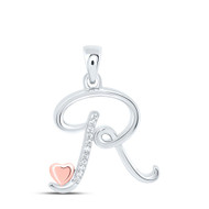 925 Sterling Silver Diamond Cursive Font w/ Pink Heart Initial R Pendant 1/20 CT