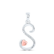 925 Sterling Silver Diamond Cursive Font w/ Pink Heart Initial S Pendant 1/20 CT