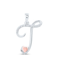 925 Sterling Silver Diamond Cursive Font w/ Pink Heart Initial T Pendant 1/12 CT
