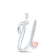 925 Sterling Silver Diamond Cursive Font w/ Pink Heart Initial U Pendant 1/20 CT