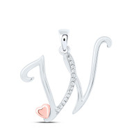 925 Sterling Silver Diamond Cursive Font w/ Pink Heart Initial W Pendant 1/20 CT