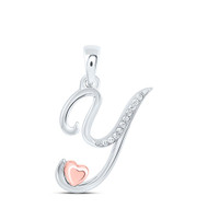 925 Sterling Silver Diamond Cursive Font w/ Pink Heart Initial Y Pendant 1/20 CT