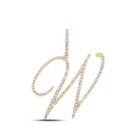 14K Yellow Gold Real Diamond Fancy Cursive Script Font Initial W Pendant 5/8 CT