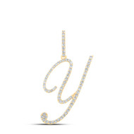 14K Yellow Gold Real Diamond Fancy Cursive Script Font Initial Y Pendant 1/2 CT