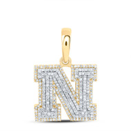 10K Yellow Gold Real Diamond Unisex Tiered Block Font Initial N Pendant 7/8 CT