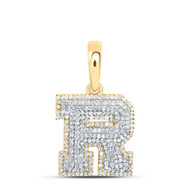 10K Yellow Gold Real Diamond Unisex Tiered Block Font Initial R Pendant 7/8 CT