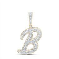 10K Yellow Gold Real Diamond Italic Font Slanted Letter Initial B Pendant 7/8 CT