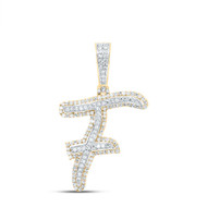 10K Yellow Gold Real Diamond Italic Font Slanted Letter Initial F Pendant 5/8 CT