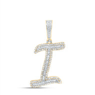 10K Yellow Gold Real Diamond Italic Font Slanted Letter Initial I Pendant 3/4 CT