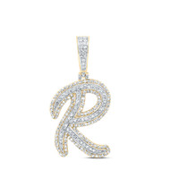 10K Yellow Gold Real Diamond Italic Font Slanted Letter Initial R Pendant 7/8 CT