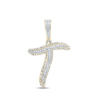 10K Yellow Gold Real Diamond Italic Font Slanted Letter Initial T Pendant 5/8 CT