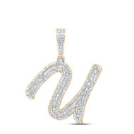 10K Yellow Gold Real Diamond Italic Font Slanted Letter Initial U Pendant 1 CT
