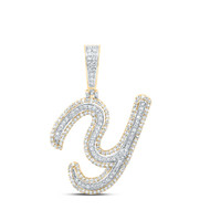 10K Yellow Gold Real Diamond Italic Font Slanted Letter Initial Y Pendant 7/8 CT