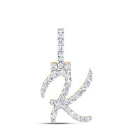 10K Yellow Gold Real Diamond Women's Block Font Slanted Initial K Pendant 5/8 CT