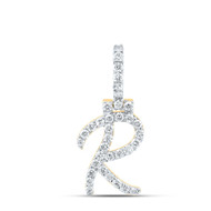 10K Yellow Gold Real Diamond Women's Block Font Slanted Initial R Pendant 1/2 CT