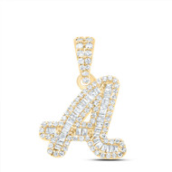 10K Yellow Gold Baguette Diamond Women's Script Font Initial A Pendant 1/3 CT