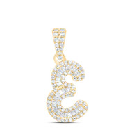 10K Yellow Gold Baguette Diamond Women's Script Font Initial E Pendant 1/3 CT