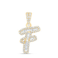 10K Yellow Gold Baguette Diamond Women's Script Font Initial F Pendant 1/3 CT