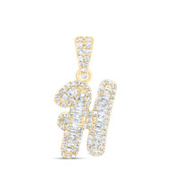 10K Yellow Gold Baguette Diamond Women's Script Font Initial H Pendant 1/3 CT