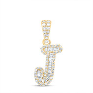 10K Yellow Gold Baguette Diamond Women's Script Font Initial J Pendant 1/4 CT
