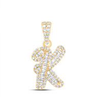 10K Yellow Gold Baguette Diamond Women's Script Font Initial K Pendant 1/3 CT
