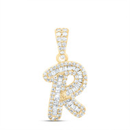 10K Yellow Gold Baguette Diamond Women's Script Font Initial R Pendant 1/3 CT
